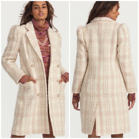 💗 LoveShackFancy Cream White Plaid Tweed Pearl Button Long Trench Coat - Picture 1 of 16